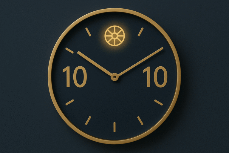 Gros plan d’une horloge moderne affichant 10:10, lueur bleu nuit, symbole discret de la Roue de Fortune et halo évoquant l’ange Lecabel.