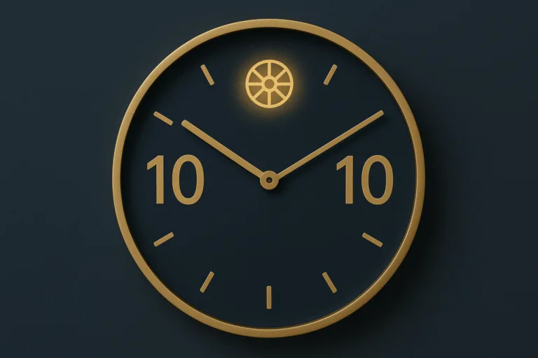 Gros plan d’une horloge moderne affichant 10:10, lueur bleu nuit, symbole discret de la Roue de Fortune et halo évoquant l’ange Lecabel.