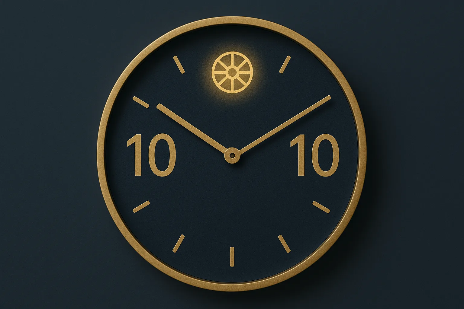 Gros plan d’une horloge moderne affichant 10:10, lueur bleu nuit, symbole discret de la Roue de Fortune et halo évoquant l’ange Lecabel.