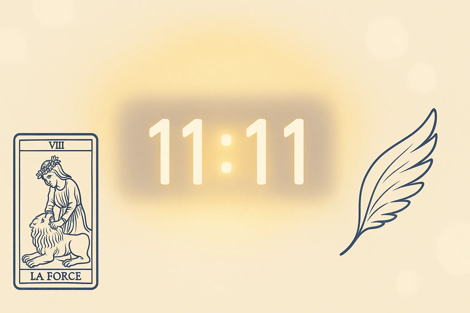 Composition minimaliste représentant une horloge digitale affichant 11:11 avec une lueur dorée, la carte de tarot « La Force » et une plume d’ange stylisée, sur fond crème-or-indigo avec effet bokeh doux.
