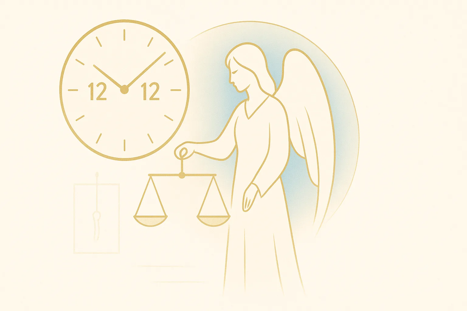 Horloge affichant 12h12, balance d’équilibre et aura subtile évoquant l’ange Aniel avec référence discrète au Tarot du Pendu, symbolisant harmonie et progression