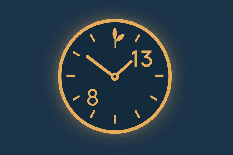 Illustration d’une horloge affichant 13:13, style minimal, symboles discrets de transformation et numérologie 8, ambiance bleu nuit doré