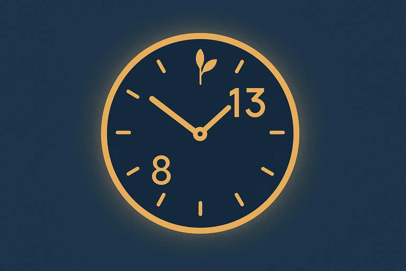 Illustration d’une horloge affichant 13:13, style minimal, symboles discrets de transformation et numérologie 8, ambiance bleu nuit doré