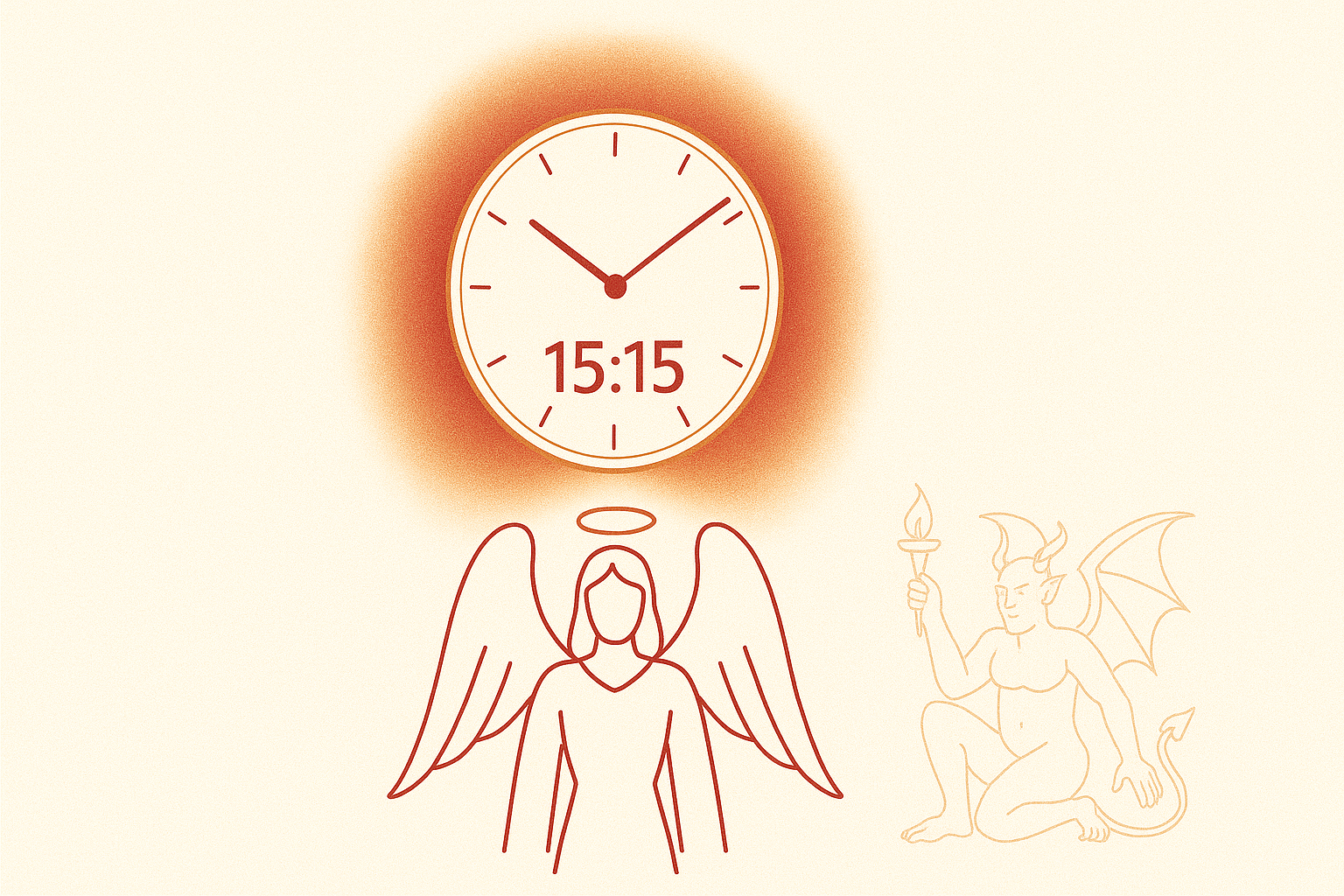 Horloge affichant 15:15, ambiance rouge‑ambre évoquant la passion et le feu intérieur, avec un ange Ariel stylisé et un motif discret du Tarot Le Diable pour symboliser désir et canalisation.