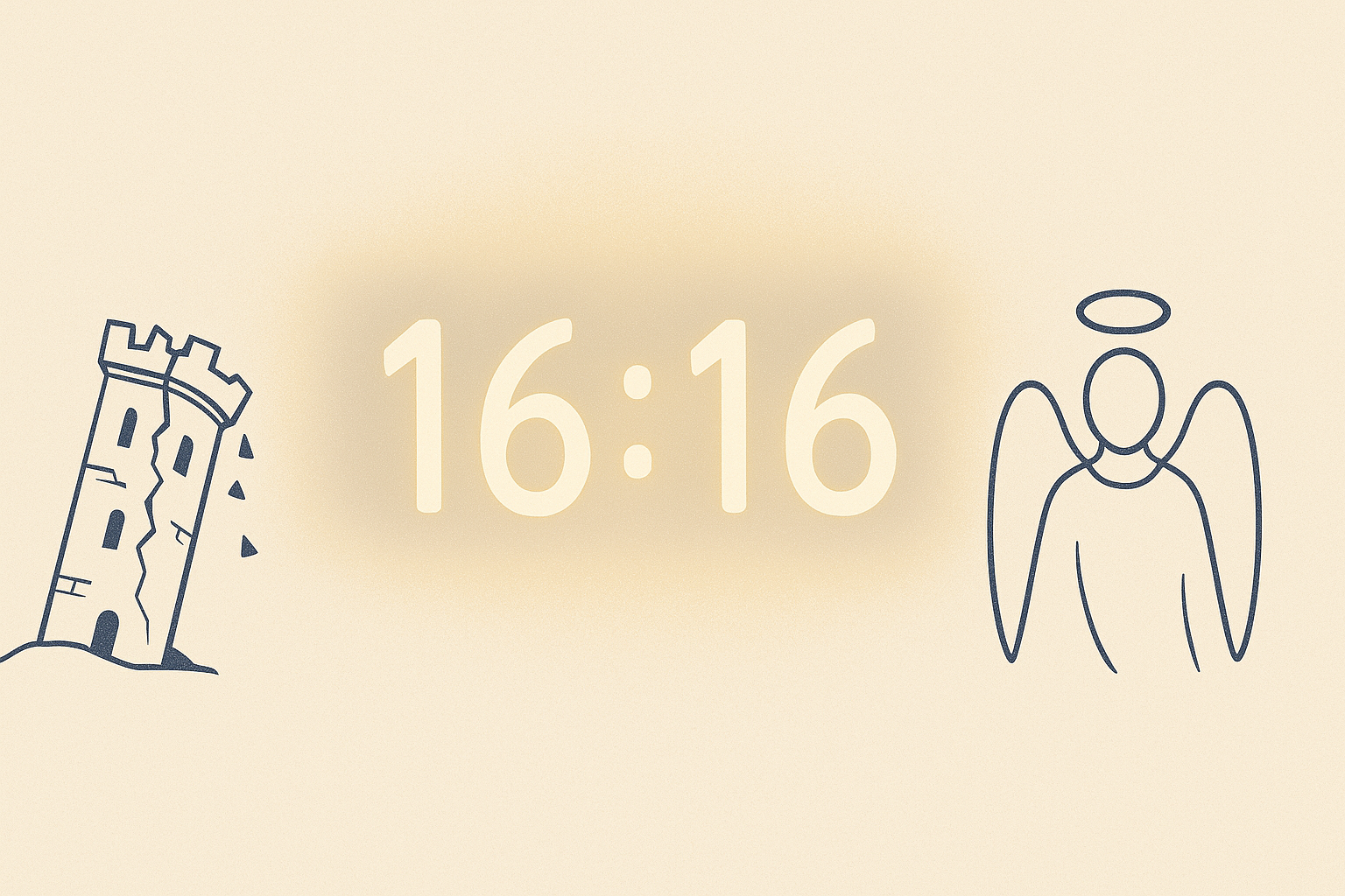 Horloge affichant 16h16, halo protecteur évoquant l’ange Vehuel et tour symbolique rappelant la Maison Dieu, illustrant prudence et reconstruction