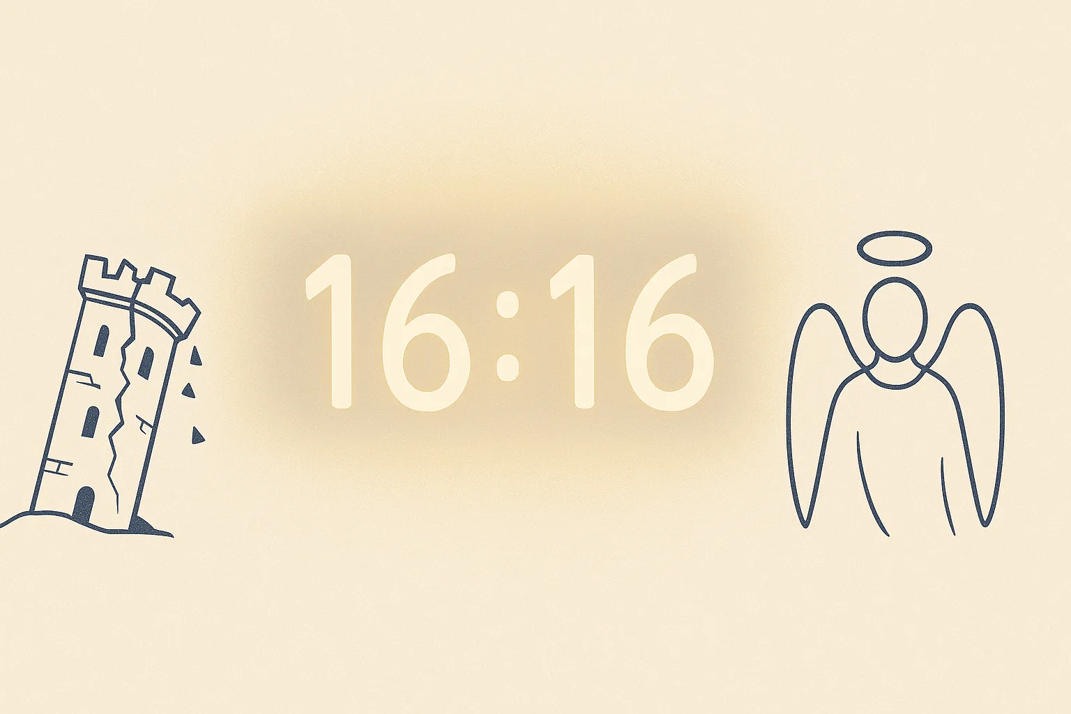 Horloge affichant 16h16, halo protecteur évoquant l’ange Vehuel et tour symbolique rappelant la Maison Dieu, illustrant prudence et reconstruction