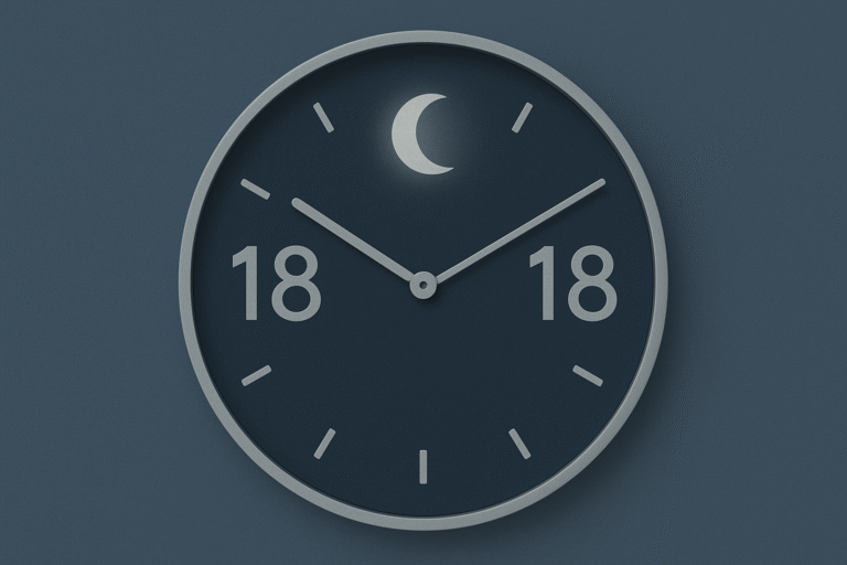 Illustration d’une horloge affichant 18:18, style minimal, lune douce évoquant La Lune et symbolique numérologique 1 et 8, ambiance bleu nuit argentée