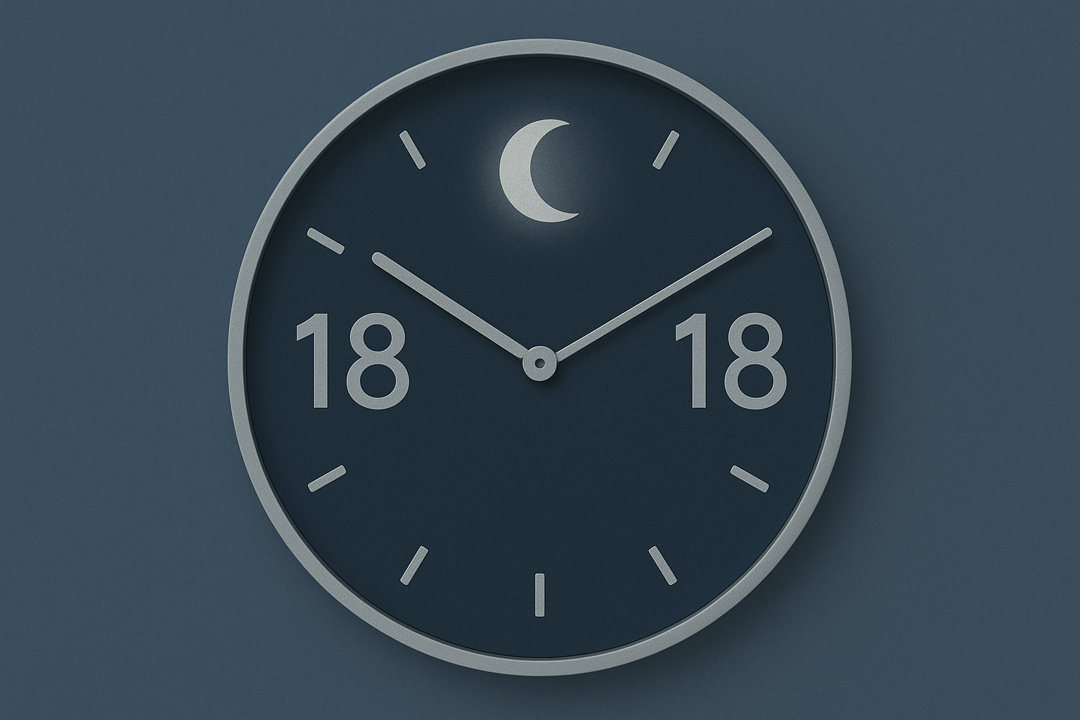 Illustration d’une horloge affichant 18:18, style minimal, lune douce évoquant La Lune et symbolique numérologique 1 et 8, ambiance bleu nuit argentée