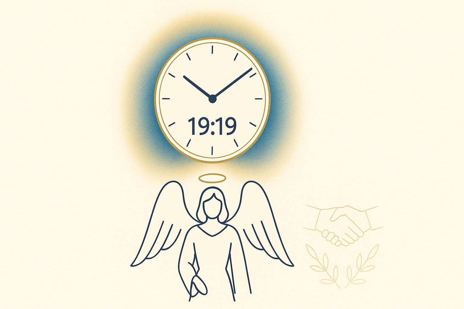 Horloge affichant 19:19, symbole de réussite et de confiance, avec une aura lumineuse et un ange Yeialel stylisé, évoquant l’accomplissement et l’équilibre en numérologie 20→2.