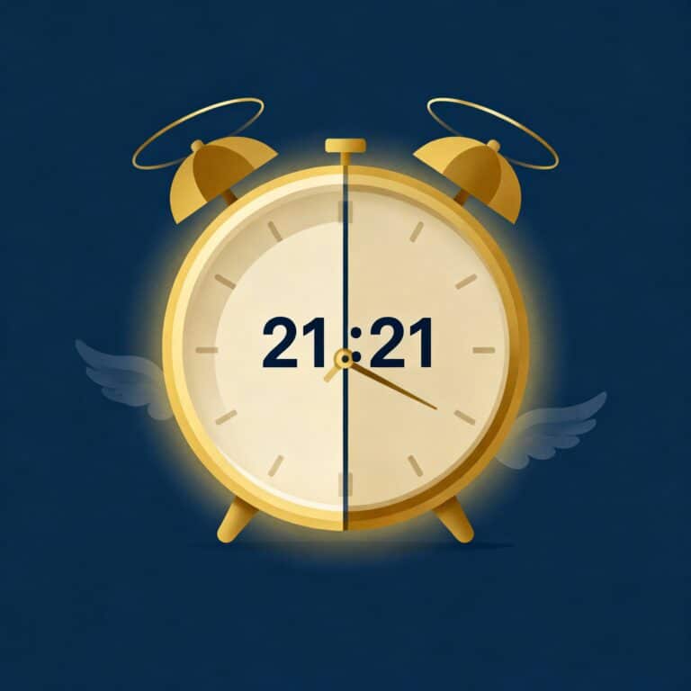 Horloge minimaliste affichant 21:21, motif de dualité et lueur douce, style vectoriel 16:9, ambiance doré/beige/bleu en-tête éditorial.