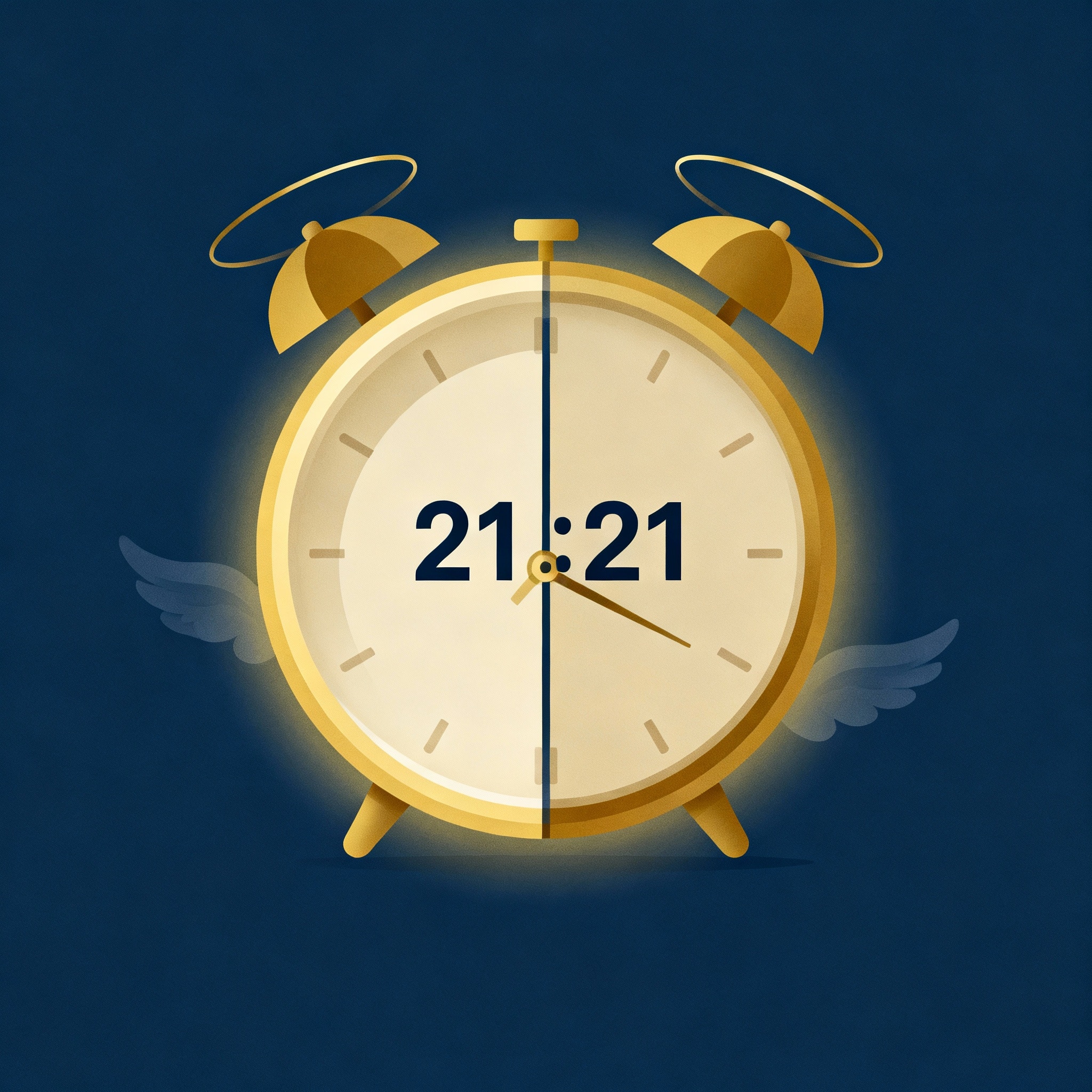 Horloge minimaliste affichant 21:21, motif de dualité et lueur douce, style vectoriel 16:9, ambiance doré/beige/bleu en-tête éditorial.