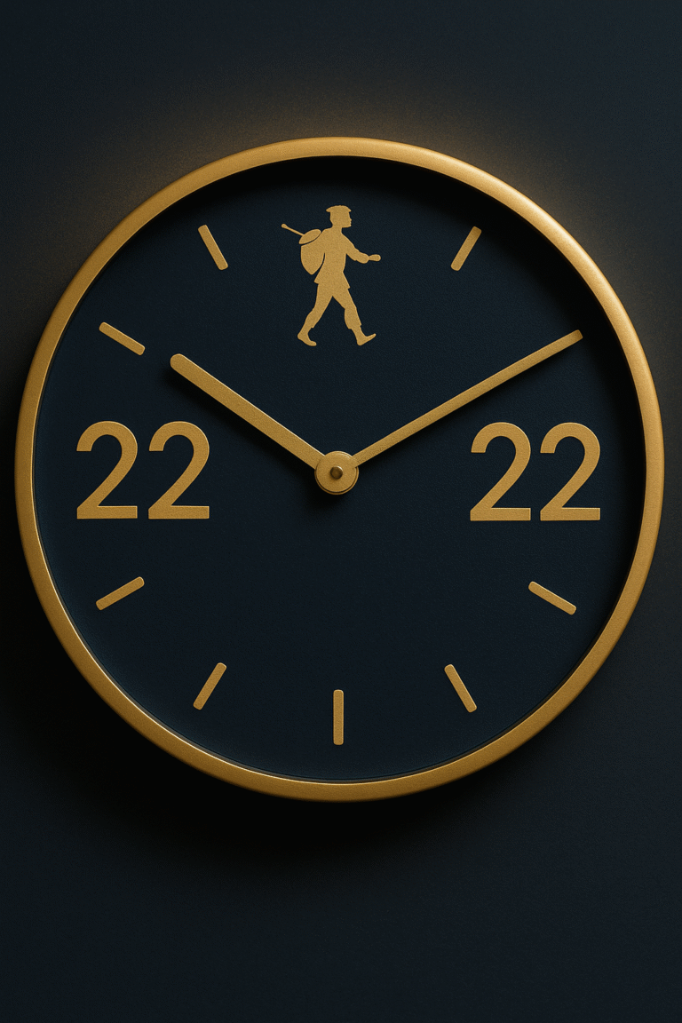 Gros plan d’une horloge moderne affichant 22:22, lueur bleu nuit et motif discret du Mat du tarot.​