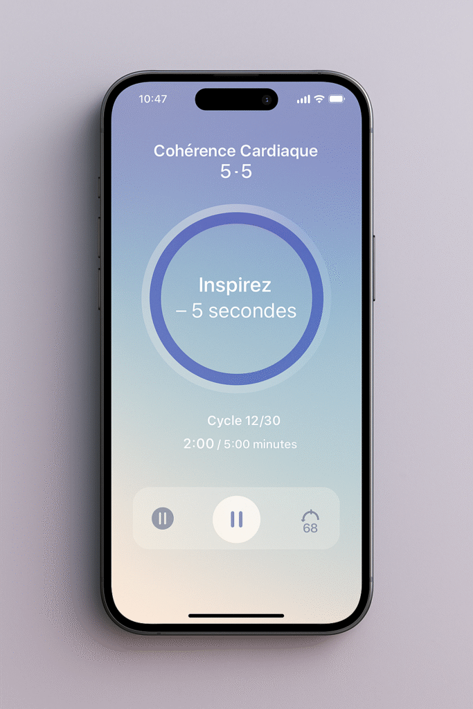 iPhone 14 Pro affichant l’app de cohérence cardiaque « Cohérence Cardiaque 5-5 » avec grand cercle respiratoire animé, fond dégradé bleu-lavande, compteur de cycles, minuterie et indicateur cardiaque 68 BPM