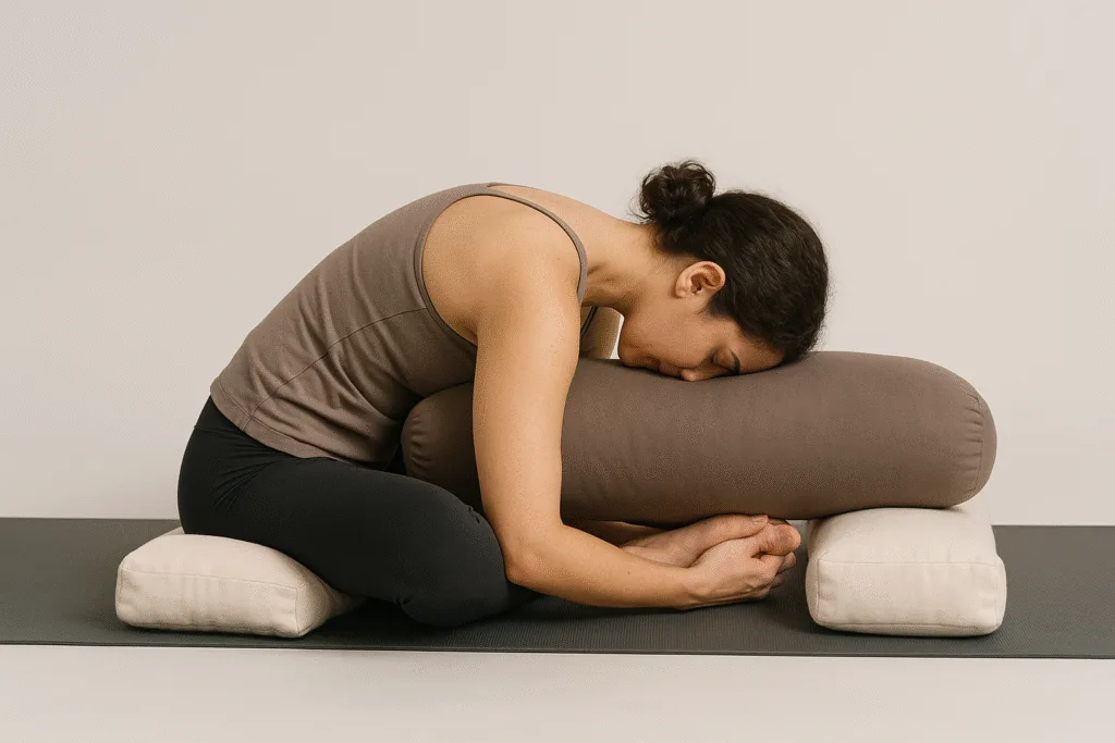 Butterfly Yin avec buste relâché sur bolster et supports sous les genoux, posture passive et détendue en studio clair