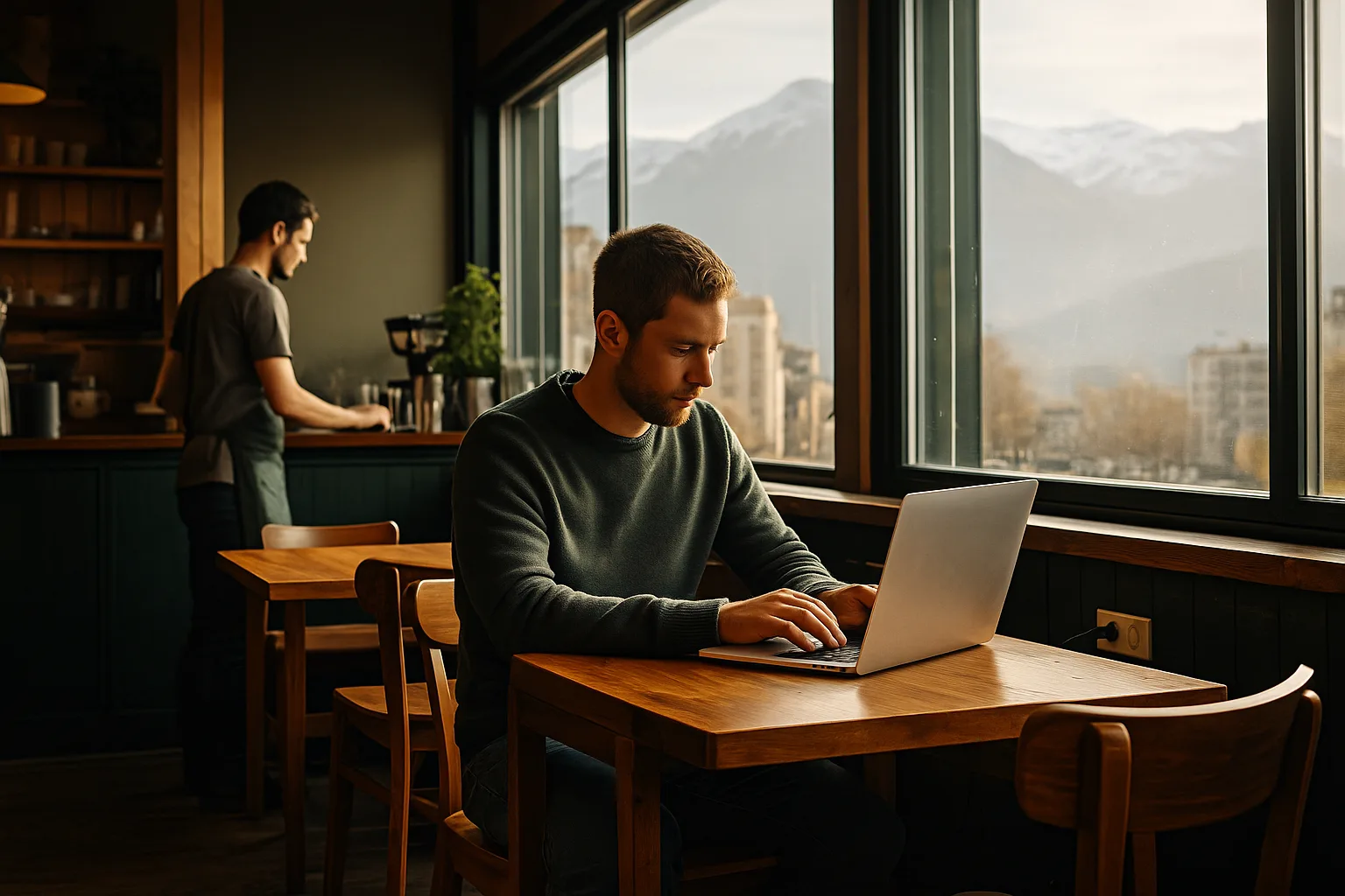 Personne travaillant sur un laptop dans un café coworking à Grenoble, Wi‑Fi et prises visibles, vue montagne en arrière‑plan
