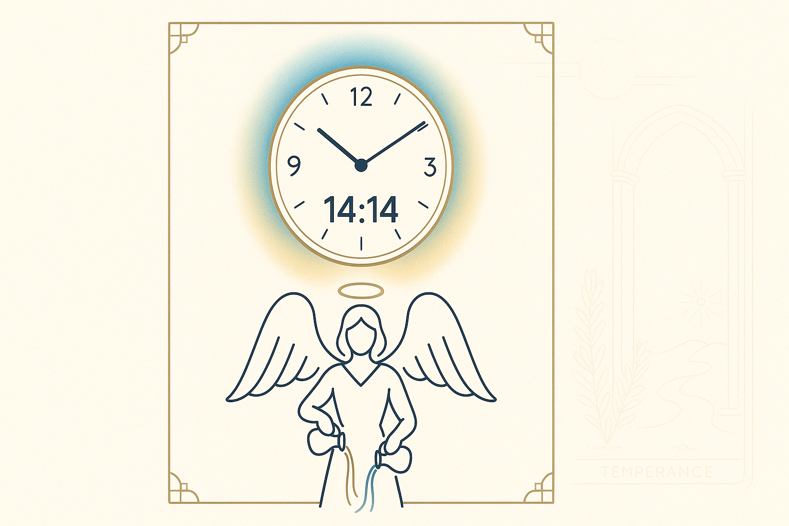 Illustration minimaliste d’une horloge affichant 14:14, entourée d’une aura bleu et or, avec une silhouette d’ange stylisée inspirée de Veuliah tenant deux coupes comme dans la carte du Tarot de la Tempérance, sur fond clair et épuré symbolisant l’équilibre et la transformation.