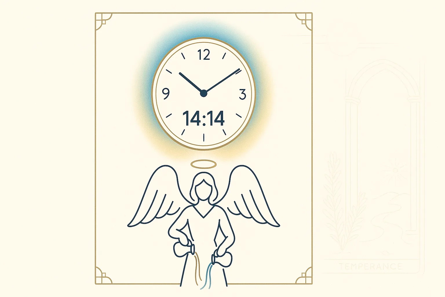 Illustration minimaliste d’une horloge affichant 14:14, entourée d’une aura bleu et or, avec une silhouette d’ange stylisée inspirée de Veuliah tenant deux coupes comme dans la carte du Tarot de la Tempérance, sur fond clair et épuré symbolisant l’équilibre et la transformation.