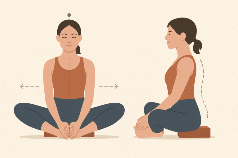 Illustration de la position du papillon: assis, pieds joints, genoux ouverts, dos long, assise sur bloc, repères d’alignement visibles
