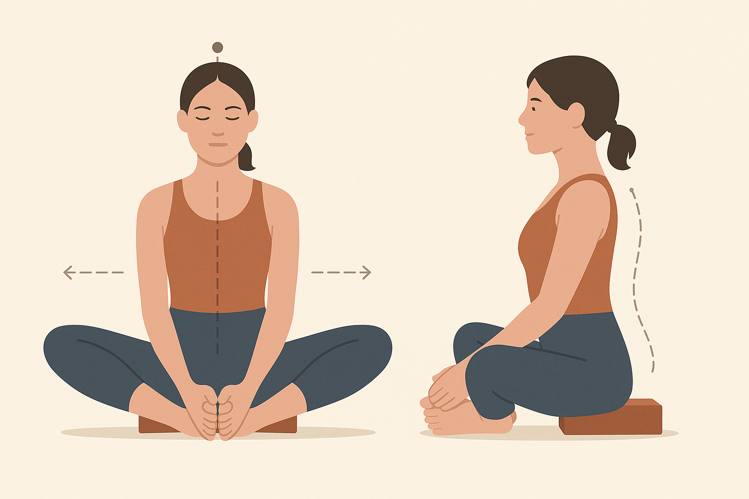 Illustration de la position du papillon: assis, pieds joints, genoux ouverts, dos long, assise sur bloc, repères d’alignement visibles