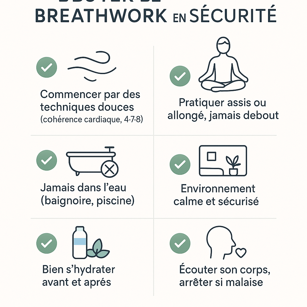 Infographie 2 colonnes × 3 lignes montrant six règles de sécurité pour le breathwork : commencer par techniques douces, pratiquer assis ou allongé, jamais dans l’eau, environnement calme, bien s’hydrater, écouter son corps