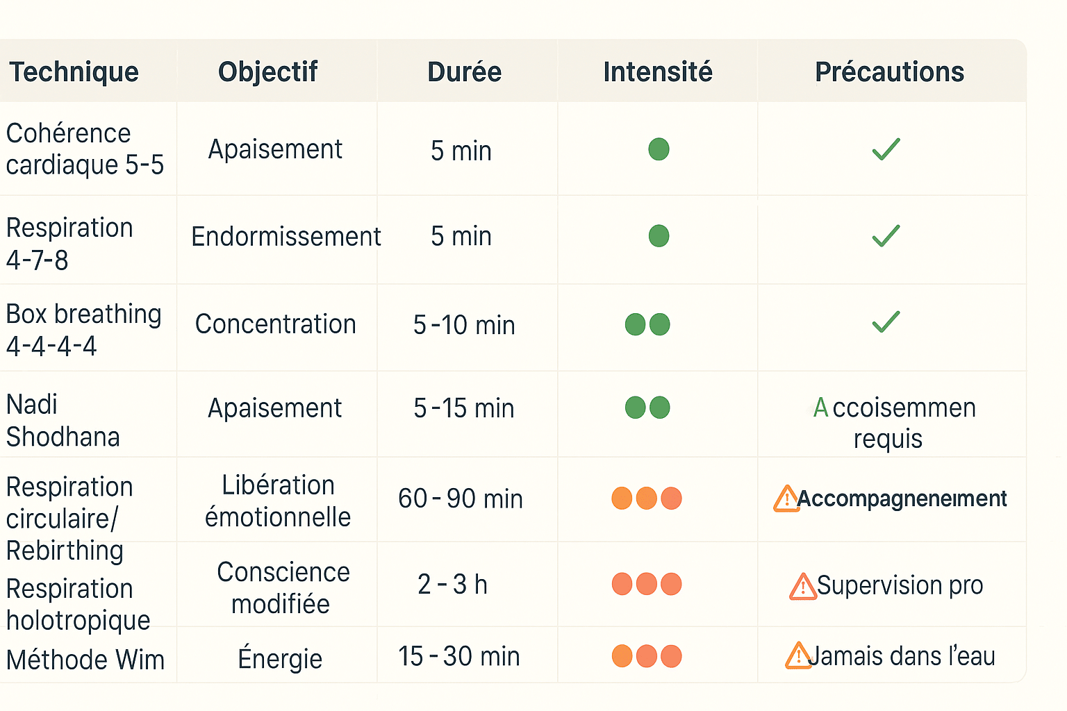 Tableau comparatif 16:9 des principales techniques de breathwork avec 5 colonnes : Technique, Objectif, Durée, Intensité, Précautions ; sept lignes incluant cohérence cardiaque, 4-7-8, box breathing, Nadi Shodhana, rebirthing, holotropique et Wim Hof, code couleur vert/jaune/orange/rouge et icônes plats