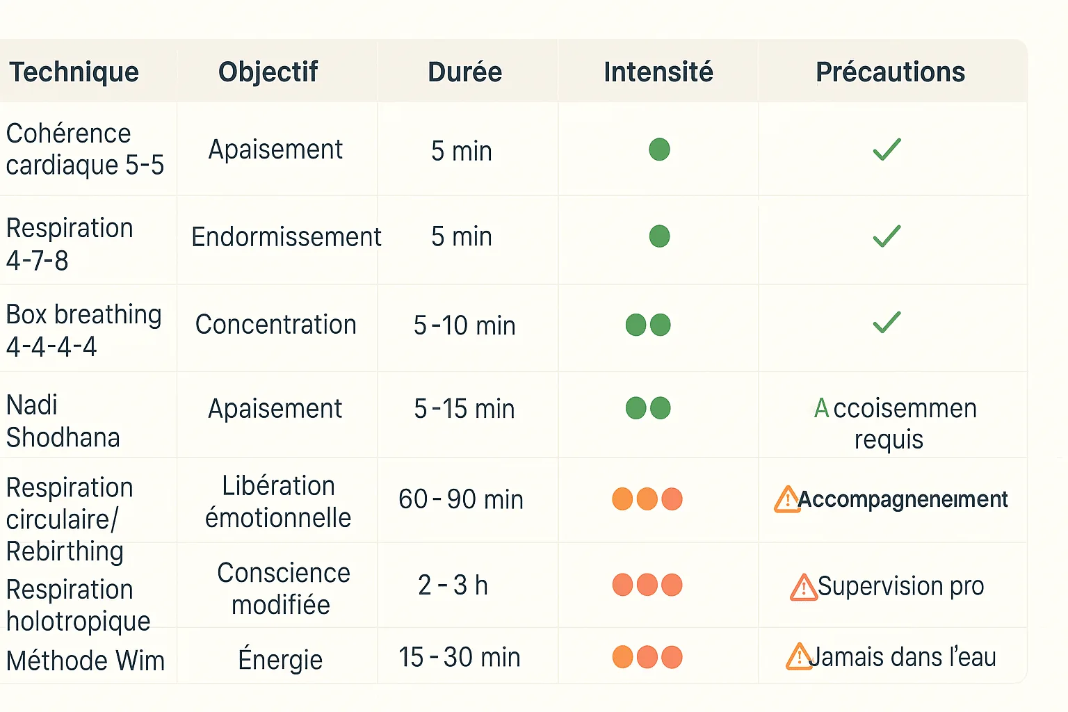 Tableau comparatif 16:9 des principales techniques de breathwork avec 5 colonnes : Technique, Objectif, Durée, Intensité, Précautions ; sept lignes incluant cohérence cardiaque, 4-7-8, box breathing, Nadi Shodhana, rebirthing, holotropique et Wim Hof, code couleur vert/jaune/orange/rouge et icônes plats