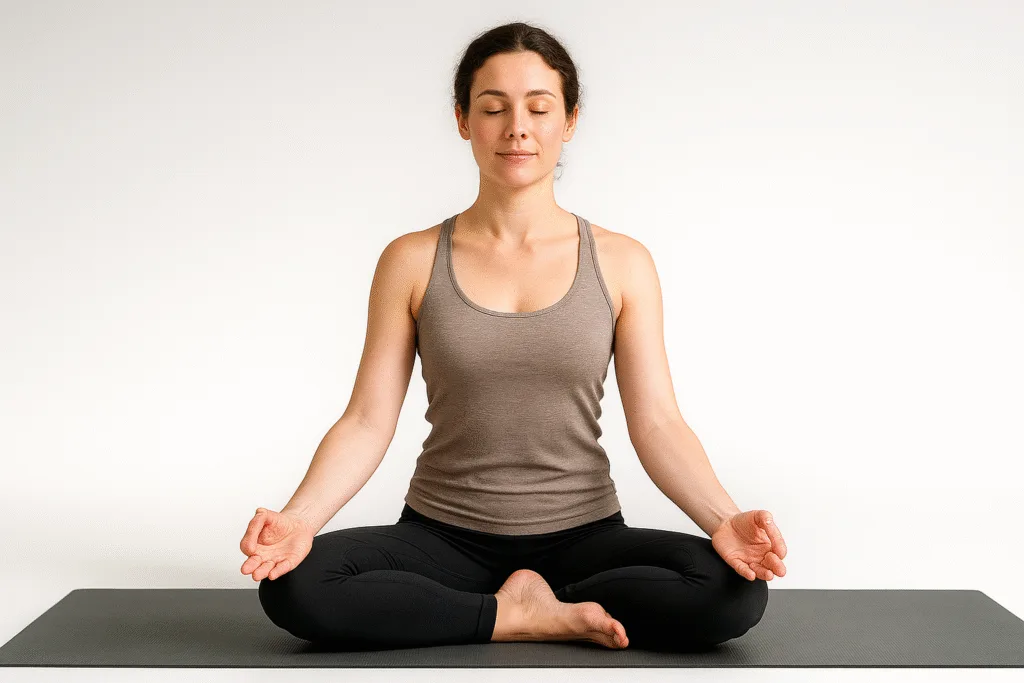 Position du lotus vue de face: pieds sur cuisses opposées, colonne neutre, appuis sur ischions, mains sur genoux