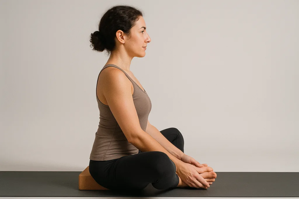 Position du papillon de profil montrant l’antéversion du bassin, le sternum vers l’avant et la colonne longue, assise sur bloc