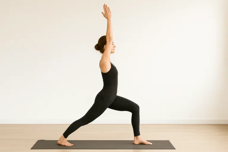Guerrier I (Virabhadrasana I) en studio lumineux: hanches de face, genou avant à 90°, pied arrière ~45°, bras vers le ciel