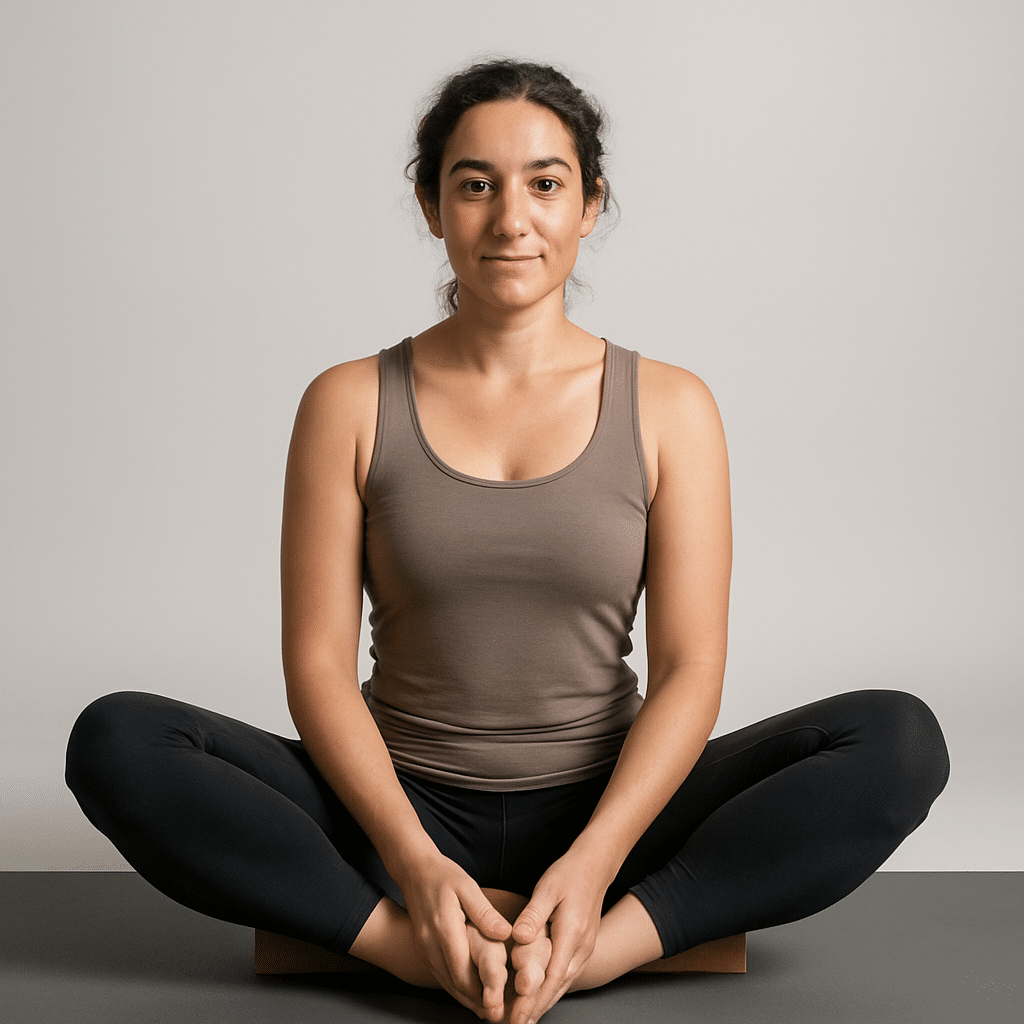 Posture du papillon vue de face: pieds joints, genoux ouverts, colonne allongée, assise sur bloc, studio clair