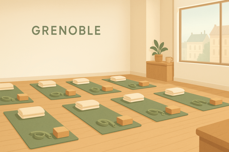 Illustration hero 16:9 minimaliste d’une salle de yoga lumineuse à Grenoble avec huit tapis et accessoires disposés, panneau “Grenoble” discret au mur, vue urbaine floutée par la fenêtre et tasse de café sur le comptoir