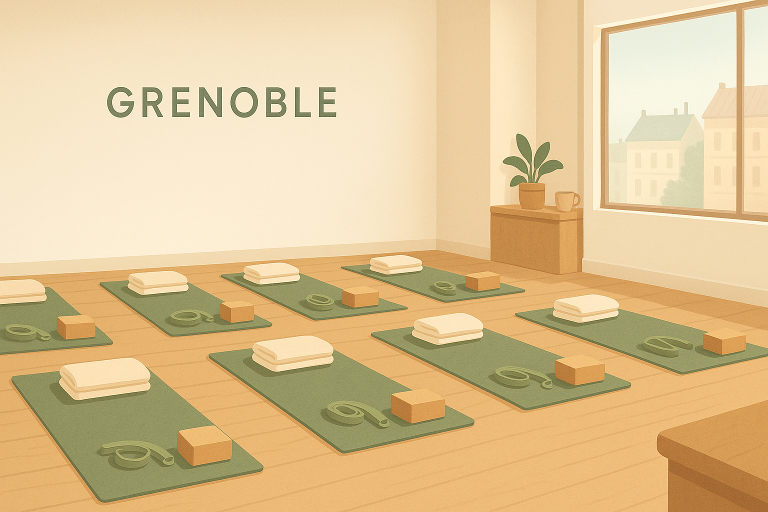 Illustration hero 16:9 minimaliste d’une salle de yoga lumineuse à Grenoble avec huit tapis et accessoires disposés, panneau “Grenoble” discret au mur, vue urbaine floutée par la fenêtre et tasse de café sur le comptoir