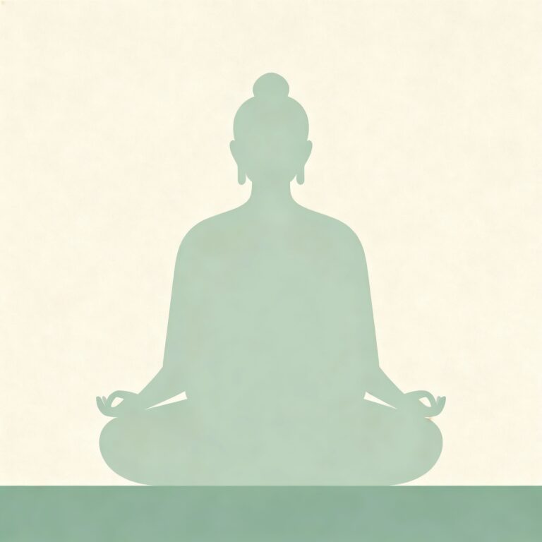 Silhouette assise en lotus, illustration minimaliste vert sauge et lin, en-tête éditorial 16:9 pour article suryoga en 5 lettres : āsana.