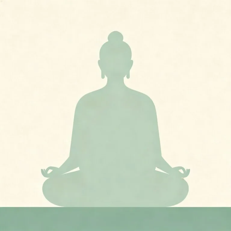 Silhouette assise en lotus, illustration minimaliste vert sauge et lin, en-tête éditorial 16:9 pour article suryoga en 5 lettres : āsana.