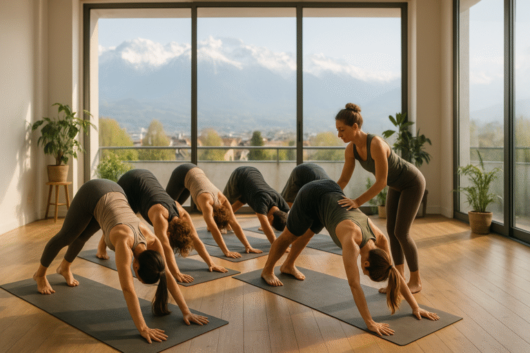 Photo réaliste d’un petit groupe en cours de yoga à Grenoble en posture du chien tête en bas, guidé par l’instructrice, grandes baies vitrées donnant sur les Alpes françaises, ambiance chaleureuse et lumineuse