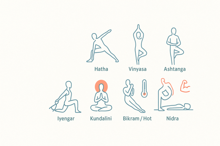 Illustration hero 16:9 minimaliste avec silhouettes linéaires représentant Hatha, Vinyasa, Ashtanga, Iyengar, Kundalini, Bikram/Hot, Power et Nidra sur fond clair texturé, palette douce bleus-verts avec accents corail, espace négatif à gauche pour le titre
