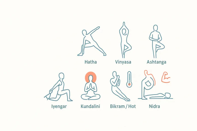 Illustration hero 16:9 minimaliste avec silhouettes linéaires représentant Hatha, Vinyasa, Ashtanga, Iyengar, Kundalini, Bikram/Hot, Power et Nidra sur fond clair texturé, palette douce bleus-verts avec accents corail, espace négatif à gauche pour le titre