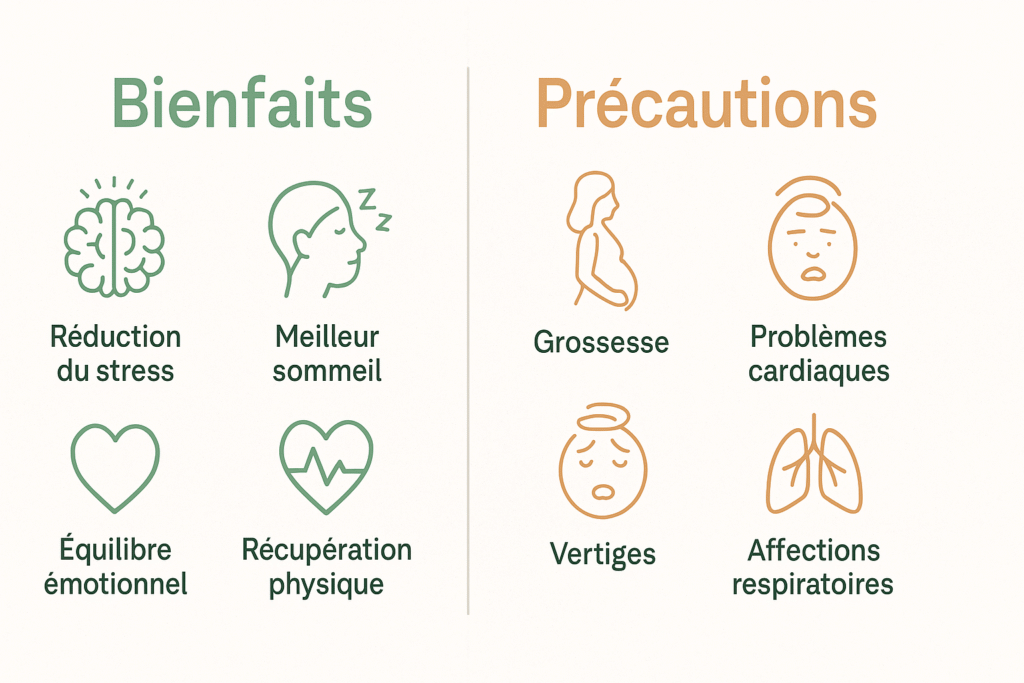 Infographie minimaliste 16:9 en deux sections montrant à gauche les bienfaits du breathwork : réduction du stress, meilleur sommeil, équilibre émotionnel, récupération physique ; et à droite les précautions : grossesse, problèmes cardiaques, vertiges, affections respiratoires