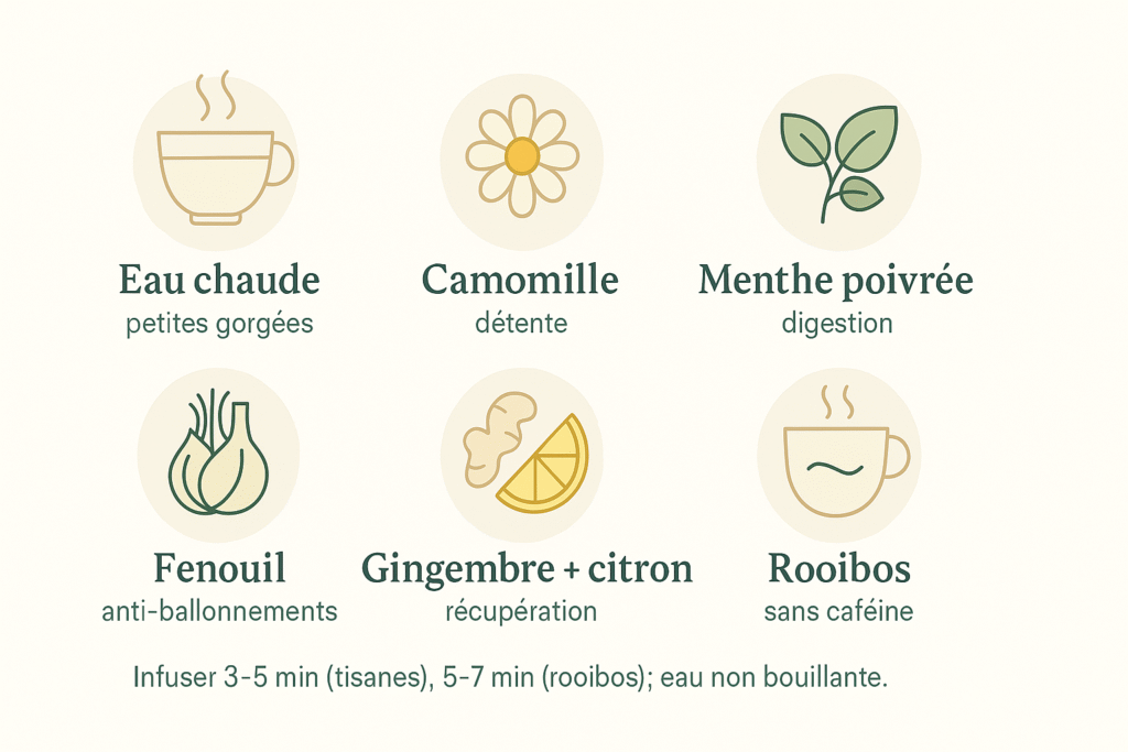 Infographie minimaliste listant six boissons chaudes post-yoga avec pictogrammes plats et étiquettes : Eau chaude petites gorgées, Camomille détente, Menthe poivrée digestion, Fenouil anti-ballonnements, Gingembre + citron récupération, Rooibos sans caféine, légende infusion en bas