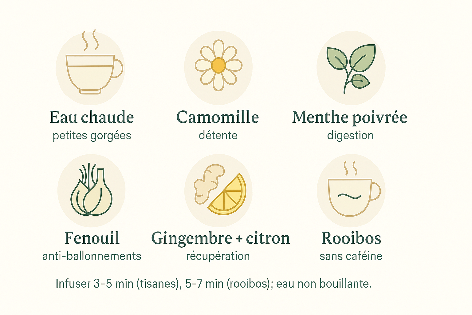 Infographie minimaliste listant six boissons chaudes post-yoga avec pictogrammes plats et étiquettes : Eau chaude petites gorgées, Camomille détente, Menthe poivrée digestion, Fenouil anti-ballonnements, Gingembre + citron récupération, Rooibos sans caféine, légende infusion en bas