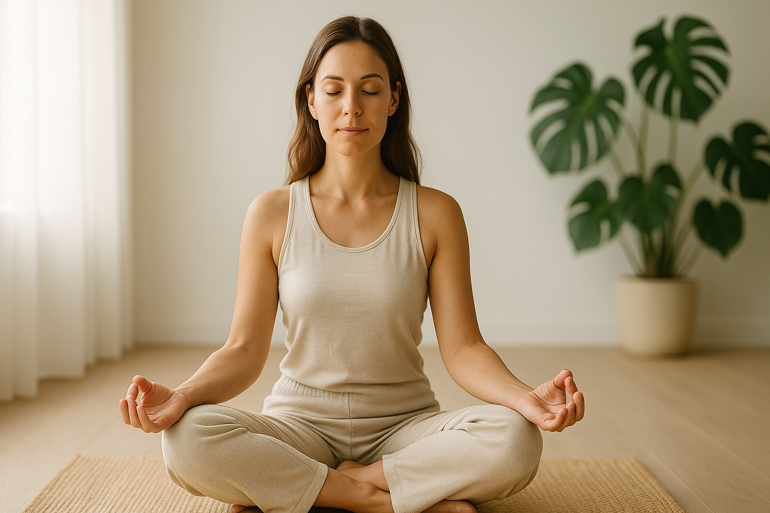 Portrait horizontal 16:9 d’une femme dans la trentaine assise en lotus sur tapis en fibre naturelle, yeux fermés, mains en chin mudra, lumière douce naturelle et plante monstera floue en arrière-plan
