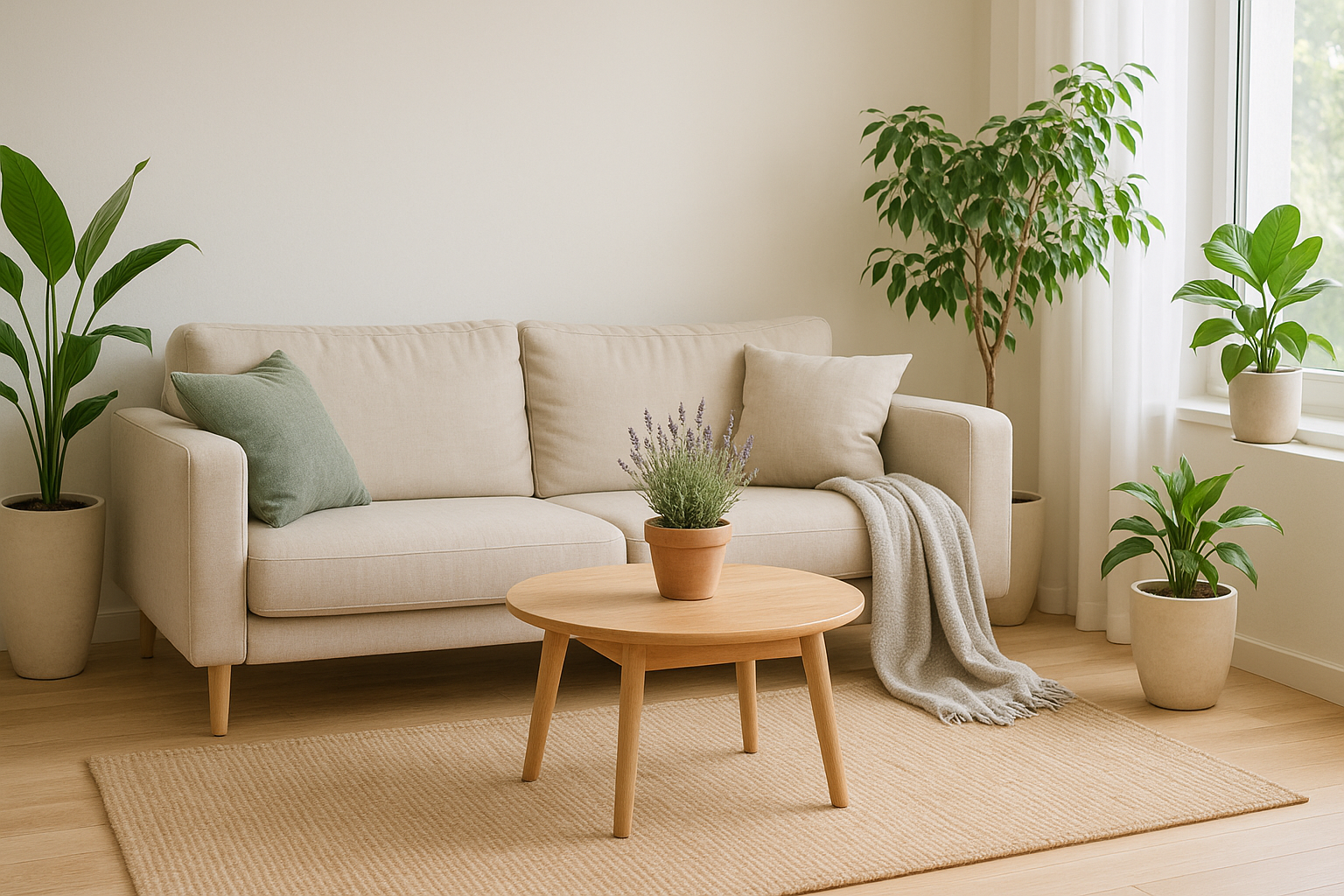 Salon lumineux et minimaliste avec plusieurs plantes d’intérieur apaisantes près d’un canapé clair, une table basse en bois et une lumière naturelle douce créant une ambiance zen.