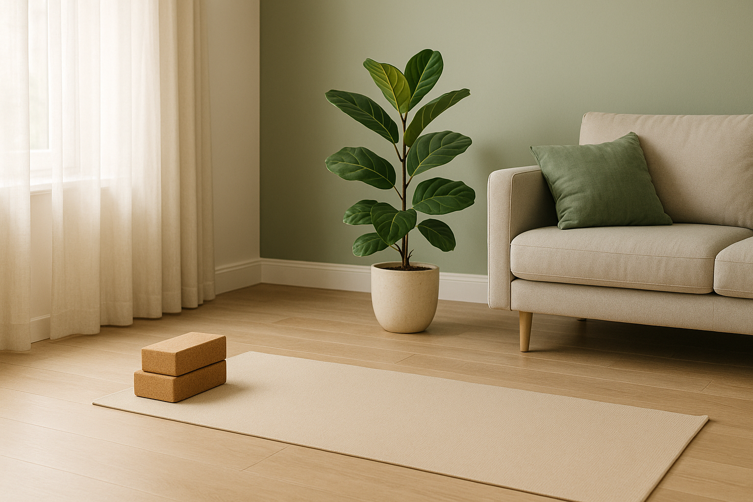 Coin yoga minimaliste dans un salon lumineux avec tapis neutre, deux blocs en liège et plante verte, idéal pour débuter le yoga à la maison