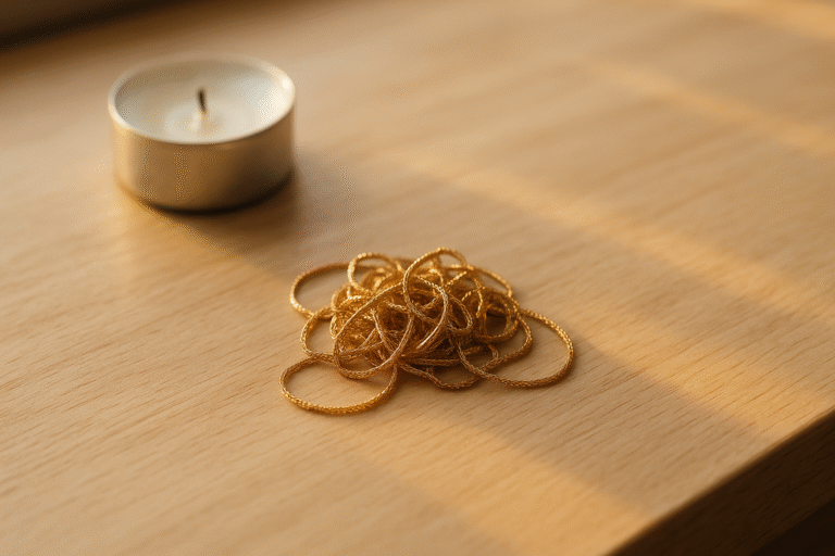 Collier en or fin fortement emmêlé posé sur une coiffeuse en bois clair, photographié en lumière naturelle douce en fin de journée.