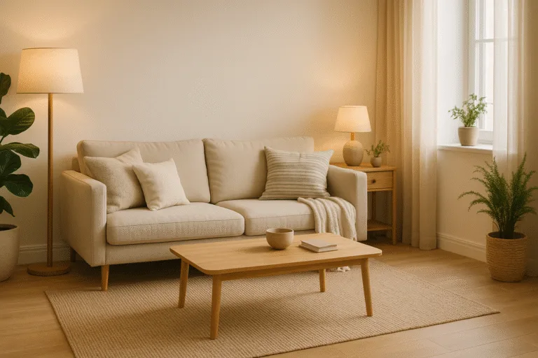 Photo d’un salon lumineux et cosy avec canapé beige, table basse en bois clair, tapis en fibres naturelles, plantes vertes et lumière chaude de lampes d’appoint, illustrant une ambiance zen obtenue sans gros travaux.