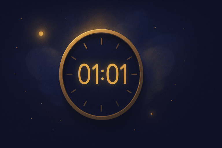 Illustration d’une horloge affichant 01h01 dans une nuit étoilée, avec une lumière douce symbolisant un ange gardien et l’idée de nouveau départ en amour et dans la vie.