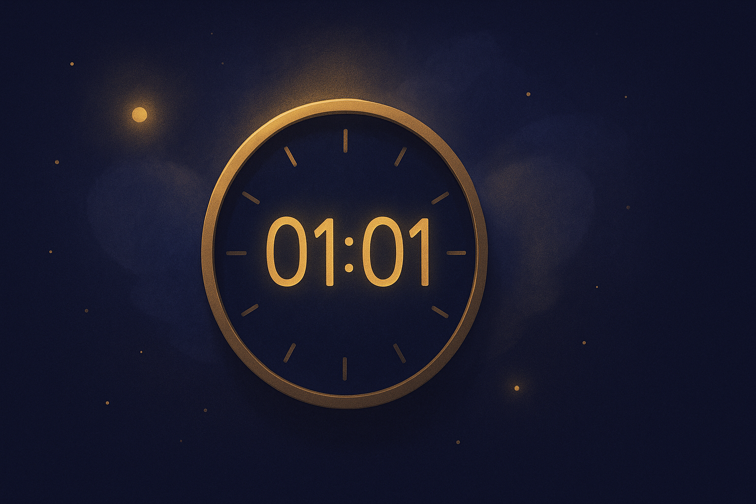 Illustration d’une horloge affichant 01h01 dans une nuit étoilée, avec une lumière douce symbolisant un ange gardien et l’idée de nouveau départ en amour et dans la vie.