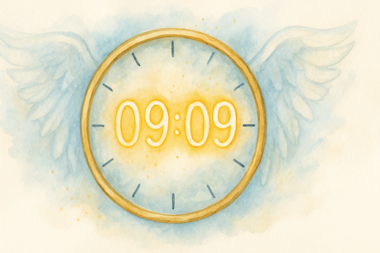 Illustration d’une horloge affichant 09h09 avec une lumière dorée et des ailes d’ange en arrière-plan, symbolisant le message spirituel, la protection et la fin d’un cycle avant un nouveau départ.
