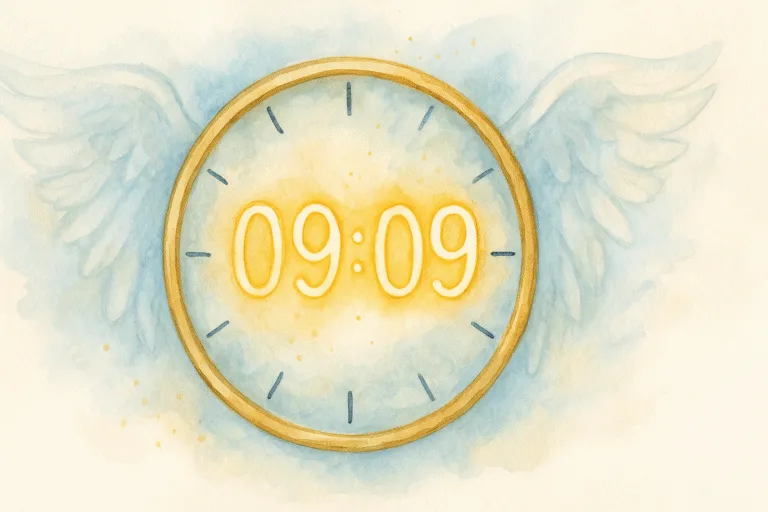Illustration d’une horloge affichant 09h09 avec une lumière dorée et des ailes d’ange en arrière-plan, symbolisant le message spirituel, la protection et la fin d’un cycle avant un nouveau départ.