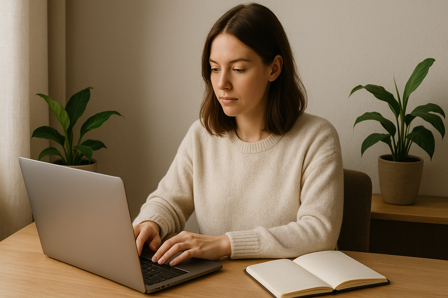 Photo d’une femme introvertie travaillant calmement sur un ordinateur portable dans un coin bureau cosy et lumineux, avec une plante verte et un carnet de notes, symbolisant une présence en ligne apaisée sans vente agressive.